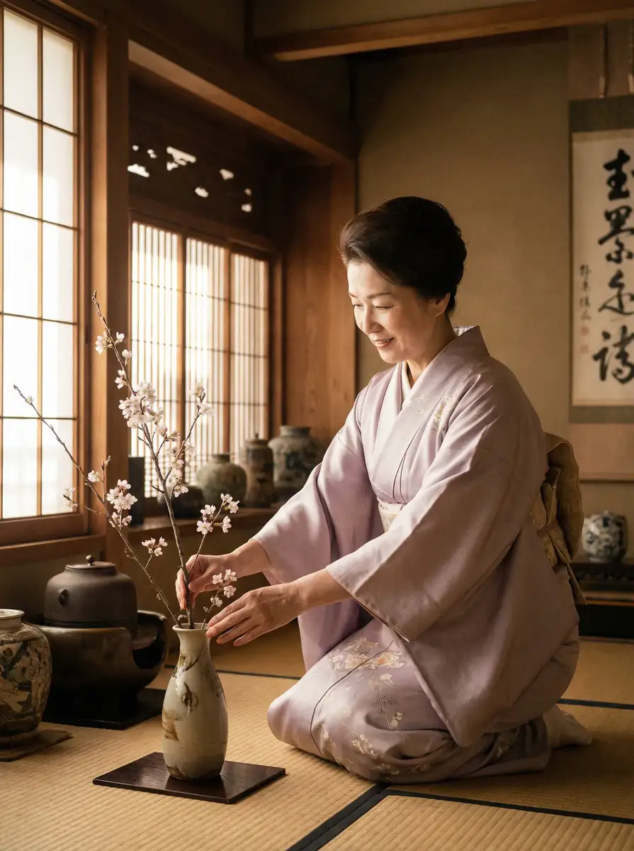 一位优雅的 i米体育平台 在和室中插花